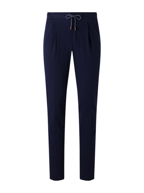 Photo: Slowear - Tapered Cotton-Blend Seersucker Trousers - Blue