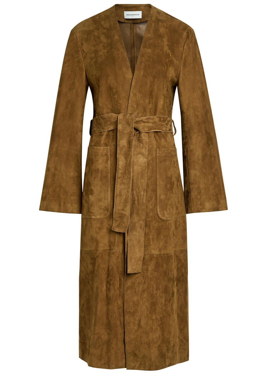 Nour Hammour Ruelle Belted Suede Coat Dark Brown