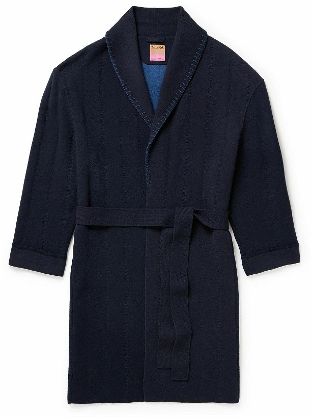 Photo: ZEGNA x The Elder Statesman - Shawl-Collar Belted Embroidered Oasi Cashmere and Wool-Blend Robe - Blue