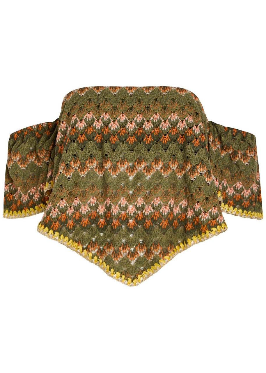 LA Double J Sand Dollar Embroidered Open-knit Cotton-blend top Green
