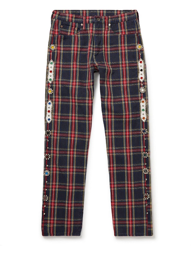 Photo: KAPITAL - Slim-Fit Embellished Checked Cotton-Twill Trousers - Blue