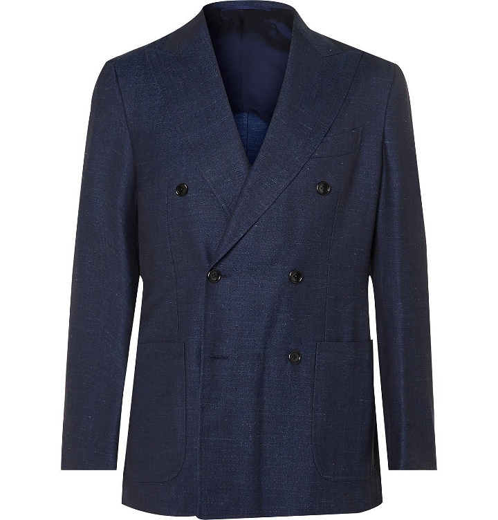 Photo: Beams F - Unstructured Double-Breasted Wool, Silk and Linen-Blend Denim Blazer - Blue