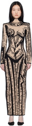 Balmain Black & Tan Body Motif Knit Maxi Dress