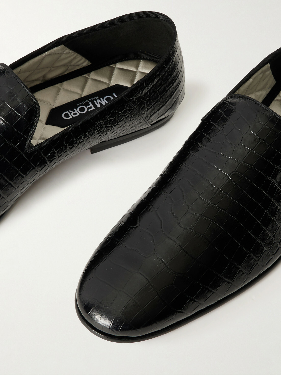 TOM FORD - Steven Grosgrain-Trimmed Croc-Effect Leather Loafers - Black