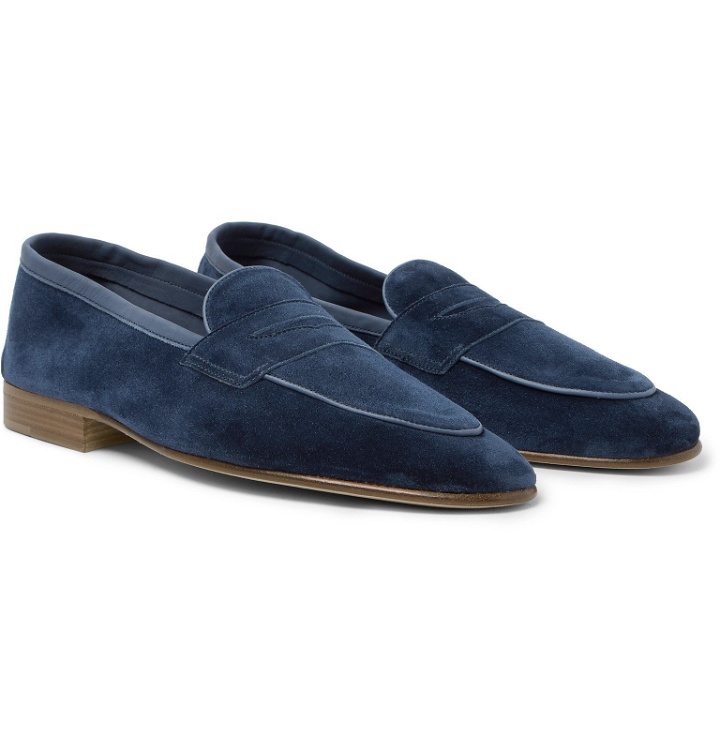 Photo: Edward Green - Polperro Leather-Trimmed Suede Penny Loafers - Blue