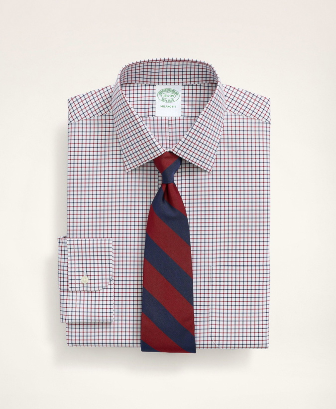 Photo: Brooks Brothers Men's Stretch Milano Slim-Fit Dress Shirt, Non-Iron Poplin Ainsley Collar Tattersall | Red