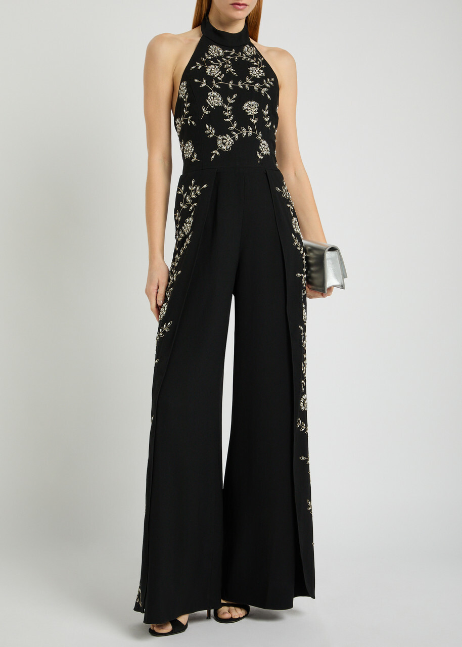 Alice + Olivia Gatz Floral-embellished Crepe Jumpsuit Black
