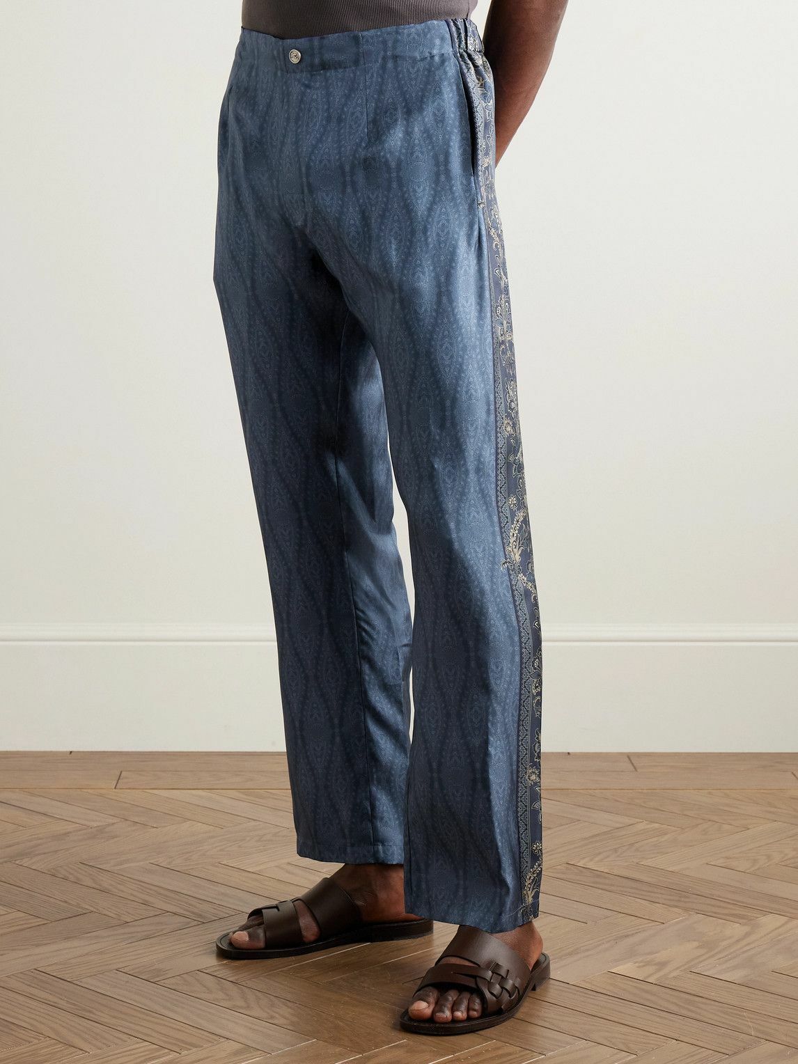 Etro - Slim-Fit Straight-Leg Printed Silk-Twill Trousers - Blue