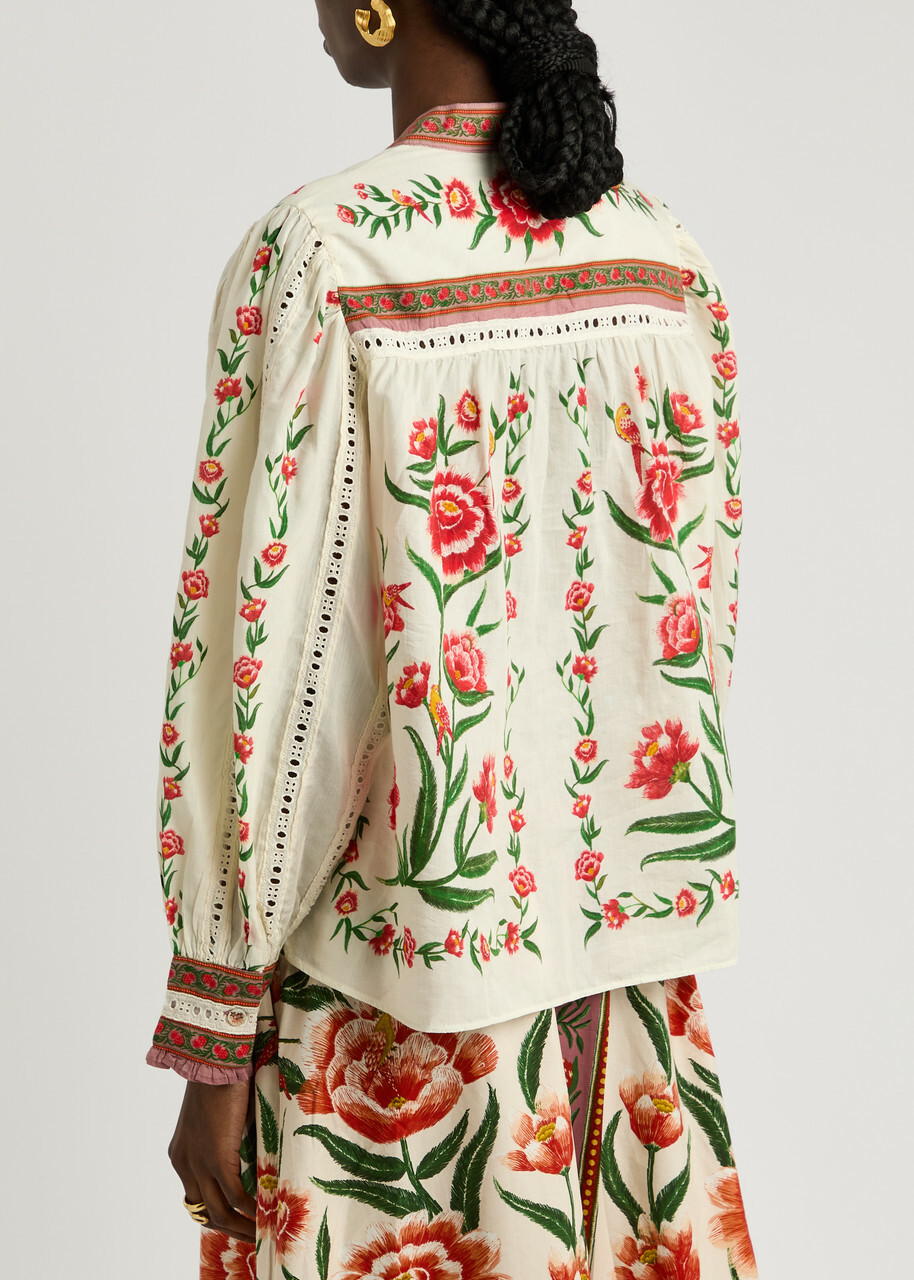 Farm Rio Anika Floral-print Cotton-blend Blouse Cream Farm Rio