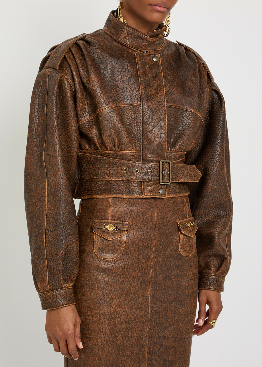 Chloe Belted Grained Leather Cropped Bomber Jacket Brown
