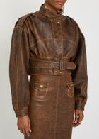 Chloe Belted Grained Leather Cropped Bomber Jacket Brown