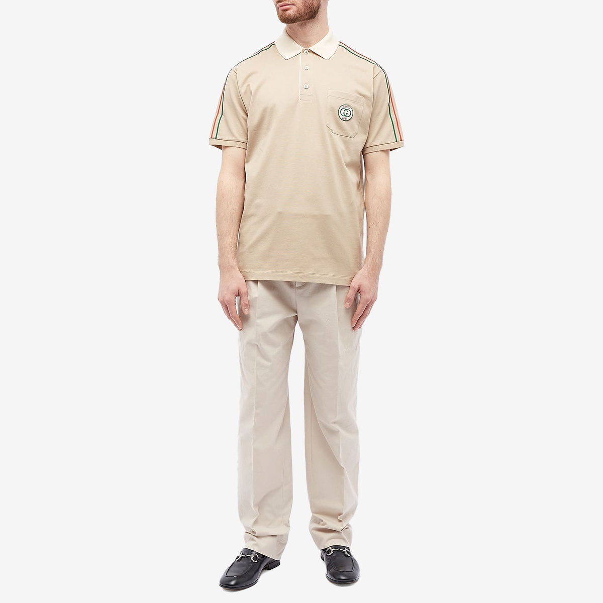 Gucci Men's Pocket Logo Taped Polo Shirt in Papiro Gucci