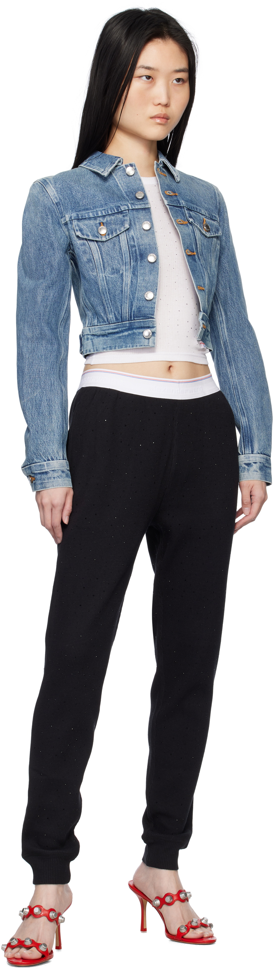 Alexander Wang Black Crystal Hotfix Jogger Waffle Lounge Pants