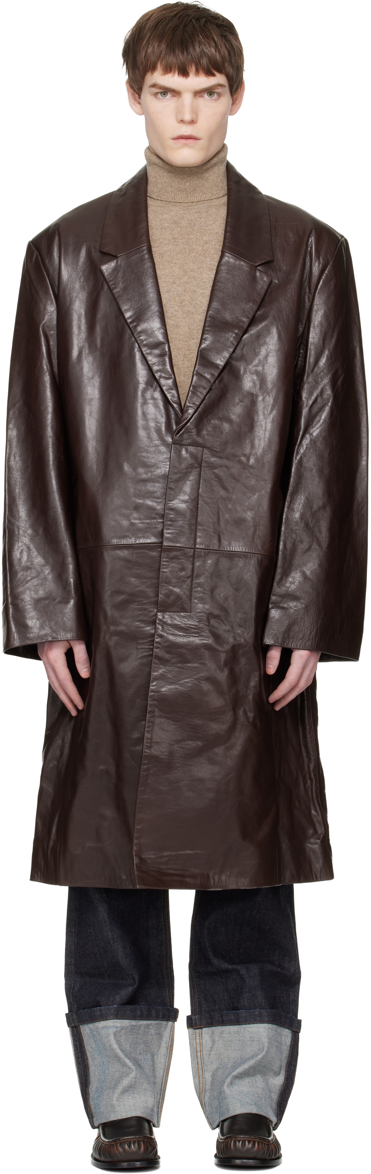 Entire Studios Brown Single Breasted Leather Coat