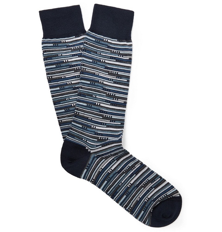 Photo: Ermenegildo Zegna - Striped Stretch Cotton-Blend Socks - Blue