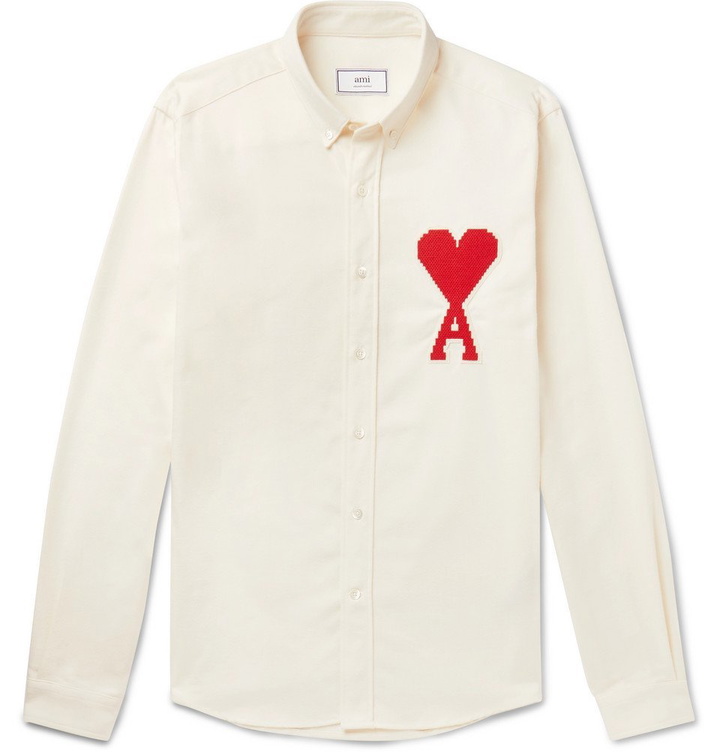 Photo: AMI - Slim-Fit Button-Down Collar Appliquéd Brushed-Cotton Oxford Shirt - Off-white