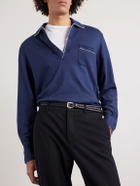 TOM FORD - Piped Silk and Cotton-Blend Piqué Polo Shirt - Blue