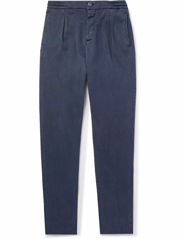 Photo: Kiton - Tapered Pleated Stretch-Lyocell Twill Trousers - Blue