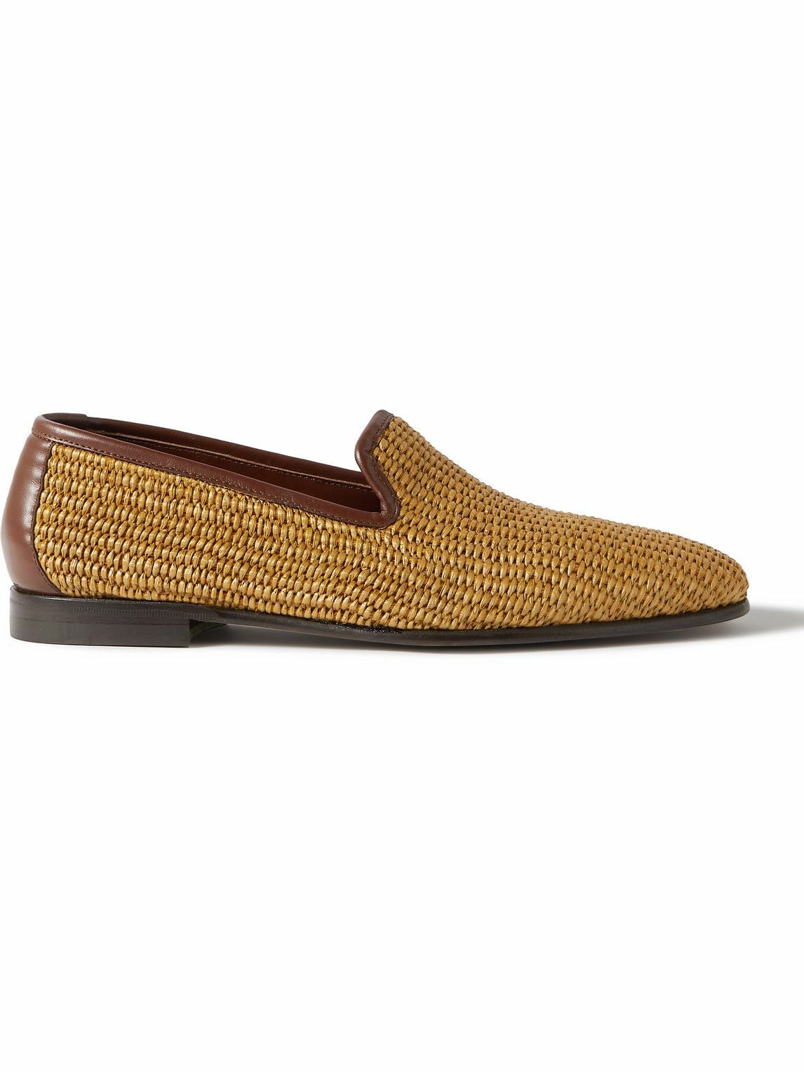 Manolo Blahnik - Mario Leather-Trimmed Raffia Loafers - Brown