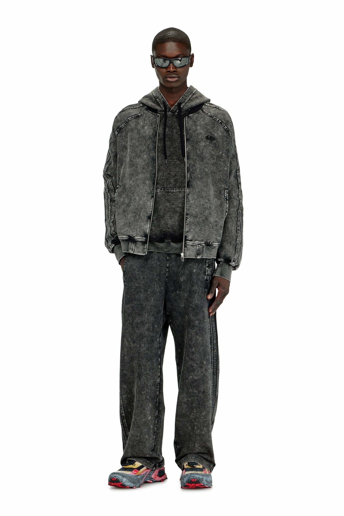 Diesel Zip-up sweatshirt with sleeve bands - Sweaters Mens in Grey