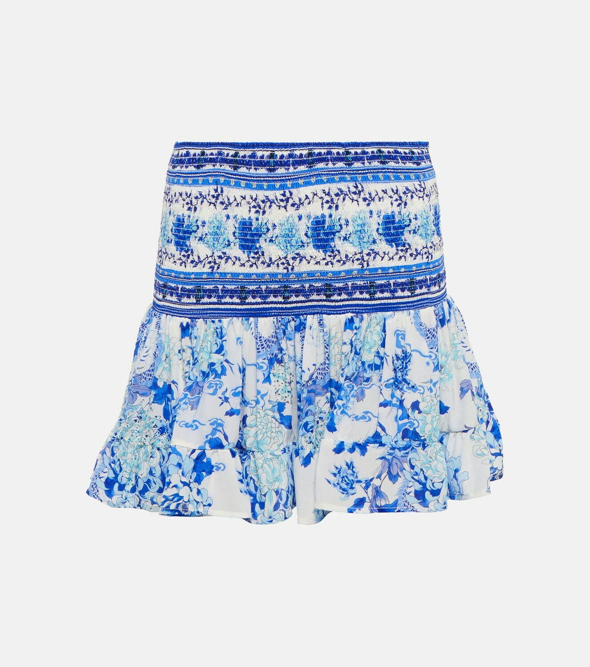 Camilla Smocked floral silk miniskirt