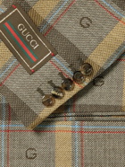 GUCCI - Double-Breasted Logo-Embroidered Checked Wool Suit Jacket - Brown