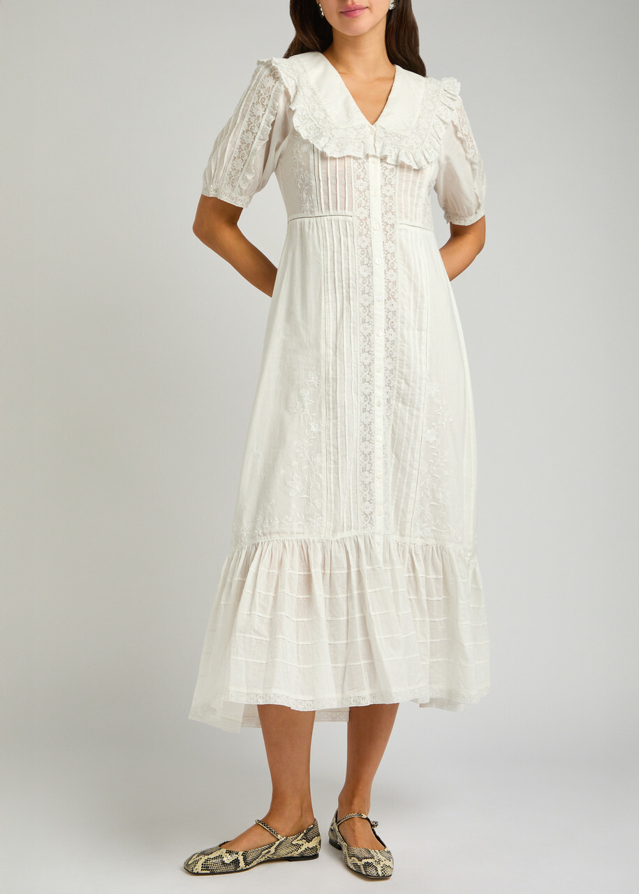 Rixo Edina Lace and Cotton Midi Dress White