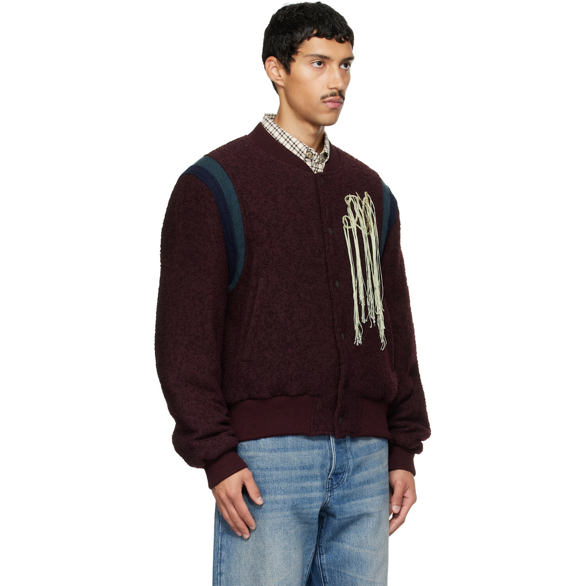 Dries Van Noten Burgundy Fringe Bomber Jacket