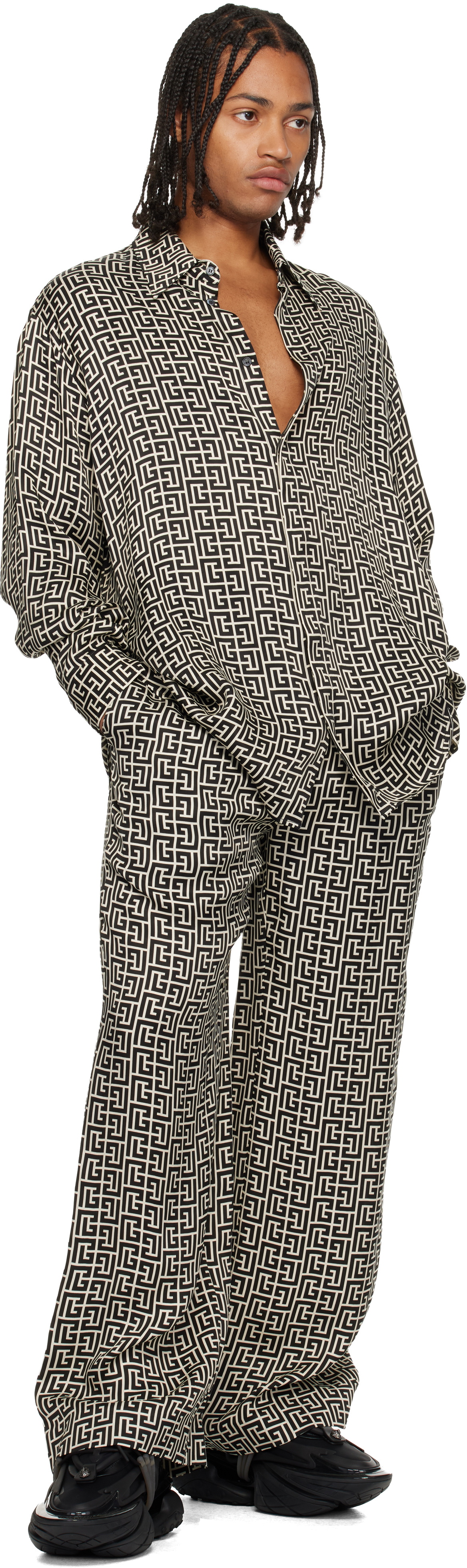 Balmain Off-White & Black Monogrammed Flowing Trousers