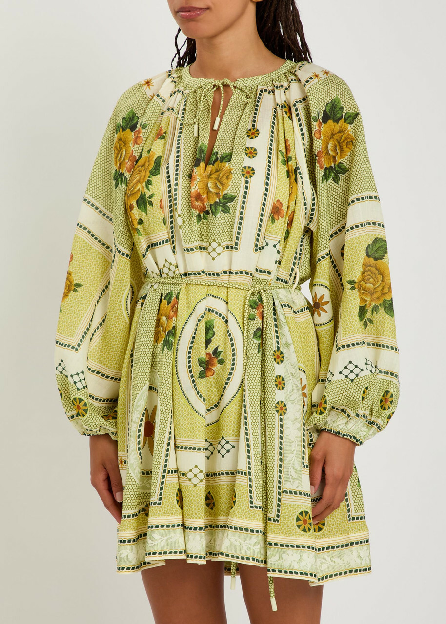 Alemais Dixie Printed Ramie Mini Dress Yellow
