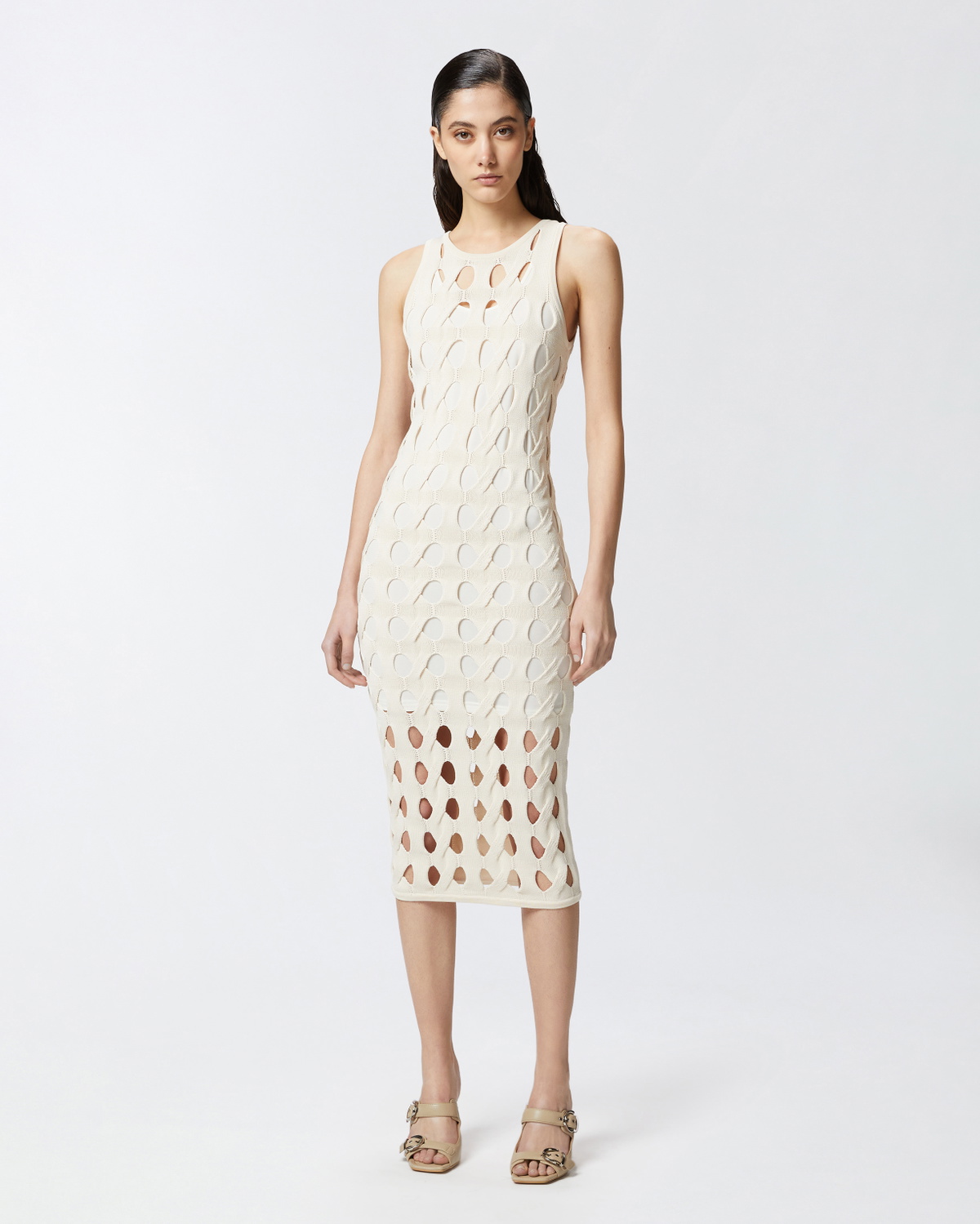 Pinko Perforated Knit Midi Dress Swan White