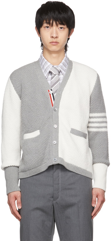 Photo: Thom Browne Grey & White Fun-Mix Seed Stitch 4-Bar Cardigan