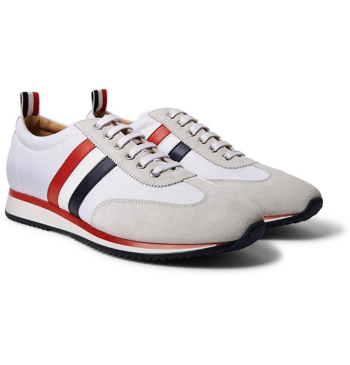 Photo: Thom Browne - Striped Suede and Leather-Trimmed Canvas Sneakers - Men - White