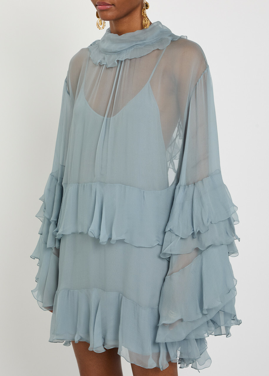 Chloe Ruffled Tiered Silk-chiffon Mini Dress Light Grey