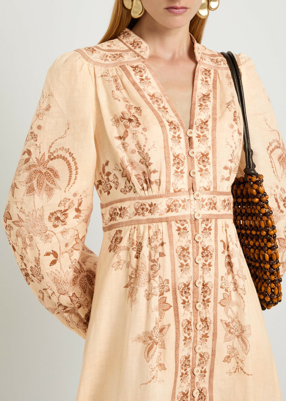 Zimmermann Indra Printed Plunge Linen Midi Dress Cream