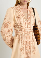 Zimmermann Indra Printed Plunge Linen Midi Dress Cream
