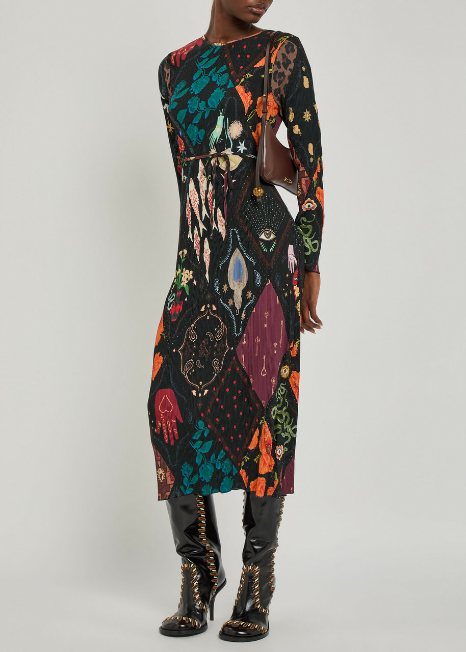Never Fully Dressed Gaia Printed Plissé Midi Dress Black