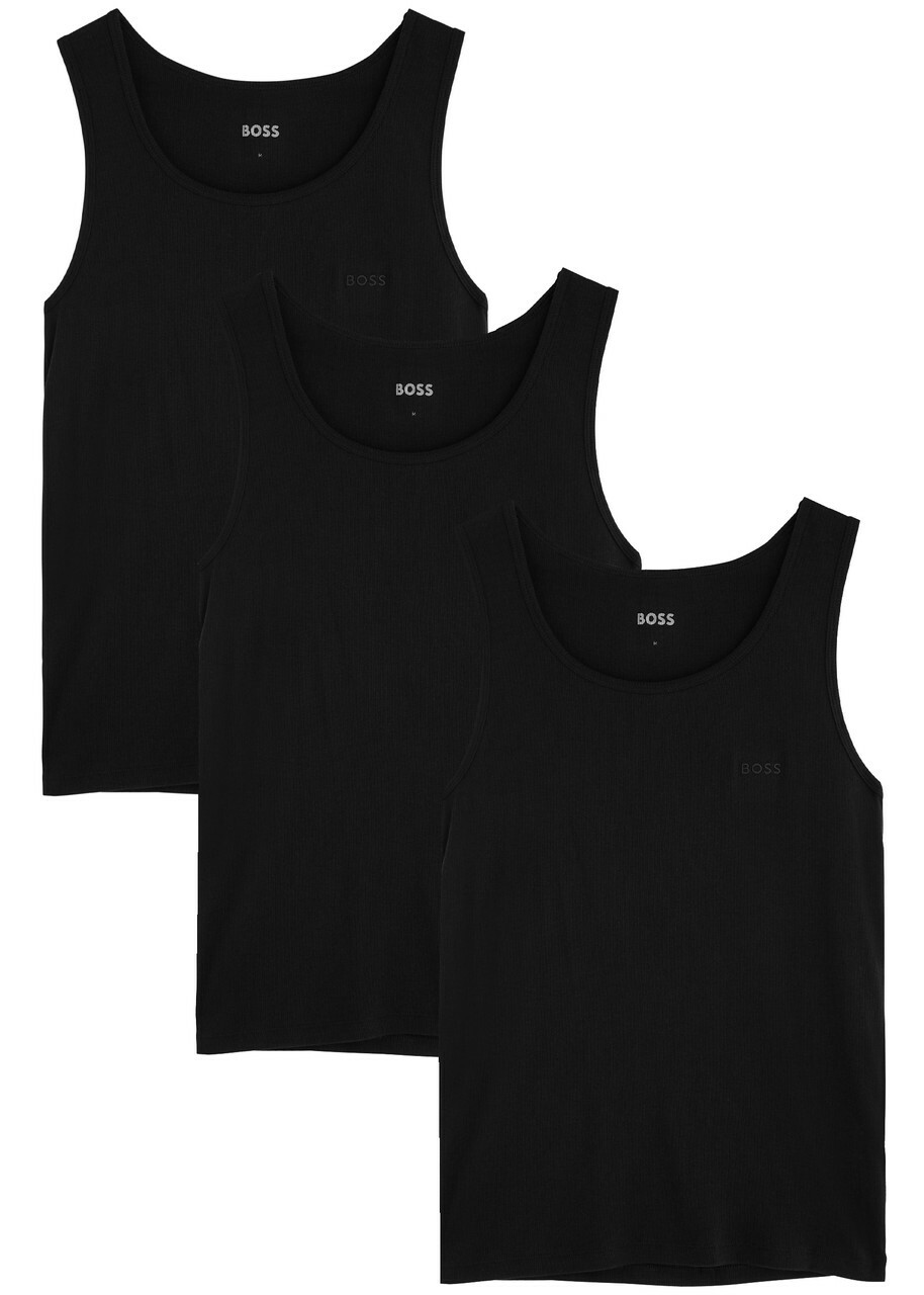 Boss Logo-embroidered Cotton Tank set of Three Black