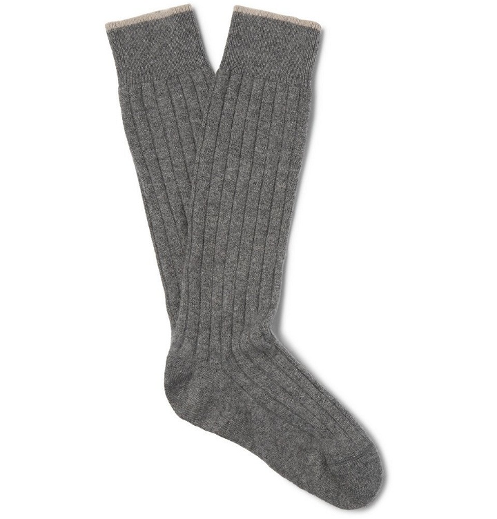 Photo: Brunello Cucinelli - Ribbed Mélange Virgin Wool-Blend Socks - Men - Light gray