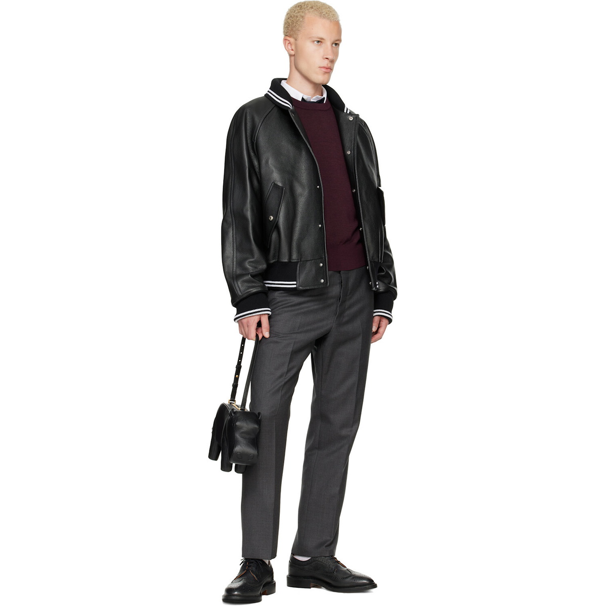 Thom Browne Black Raglan Sleeve Oversized Leather Blouson Jacket
