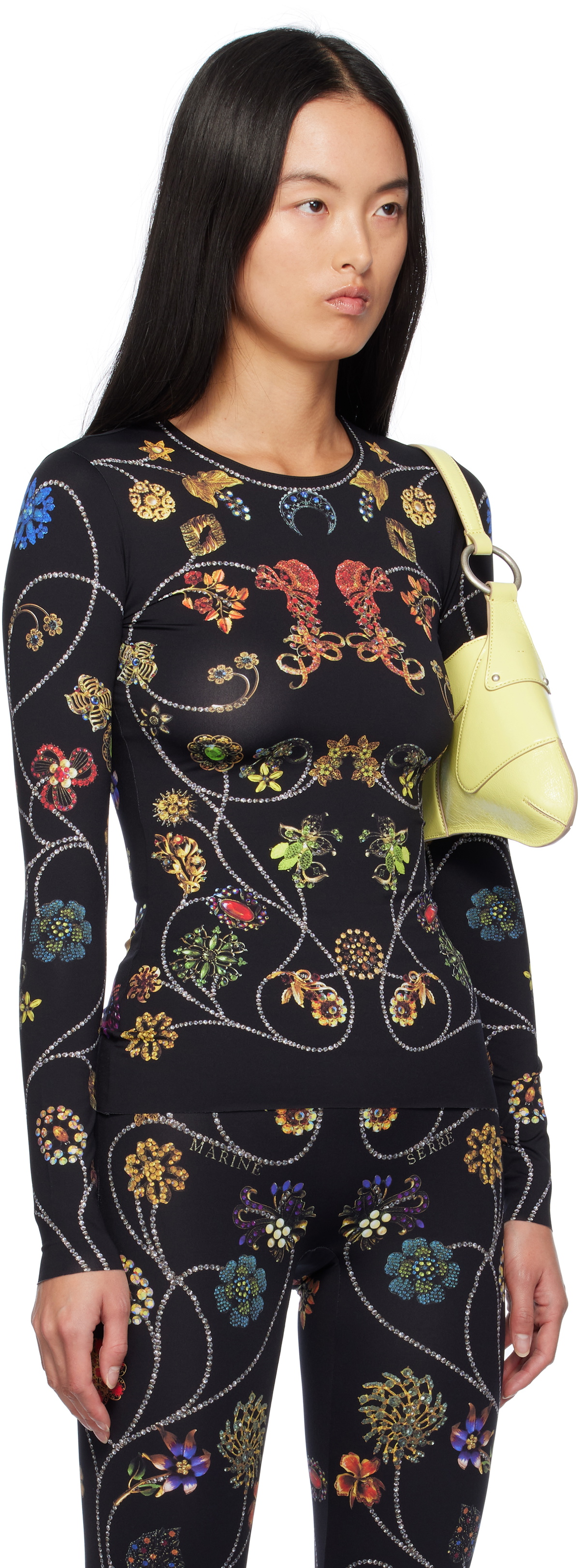 Marine Serre Black Floral Jewelry Second Skin Long Sleeve T