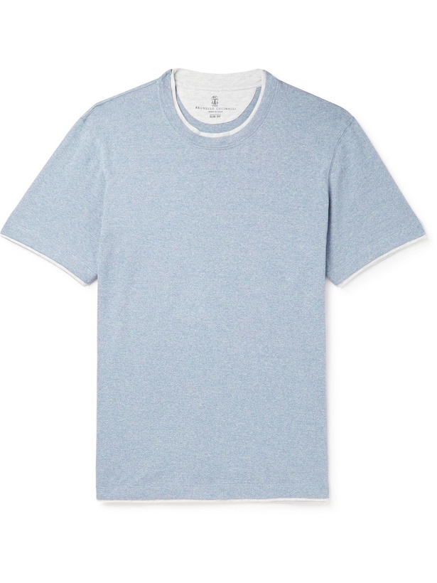 Photo: Brunello Cucinelli - Slim-Fit Layered Cotton and Linen-Blend Jersey T-Shirt - Blue