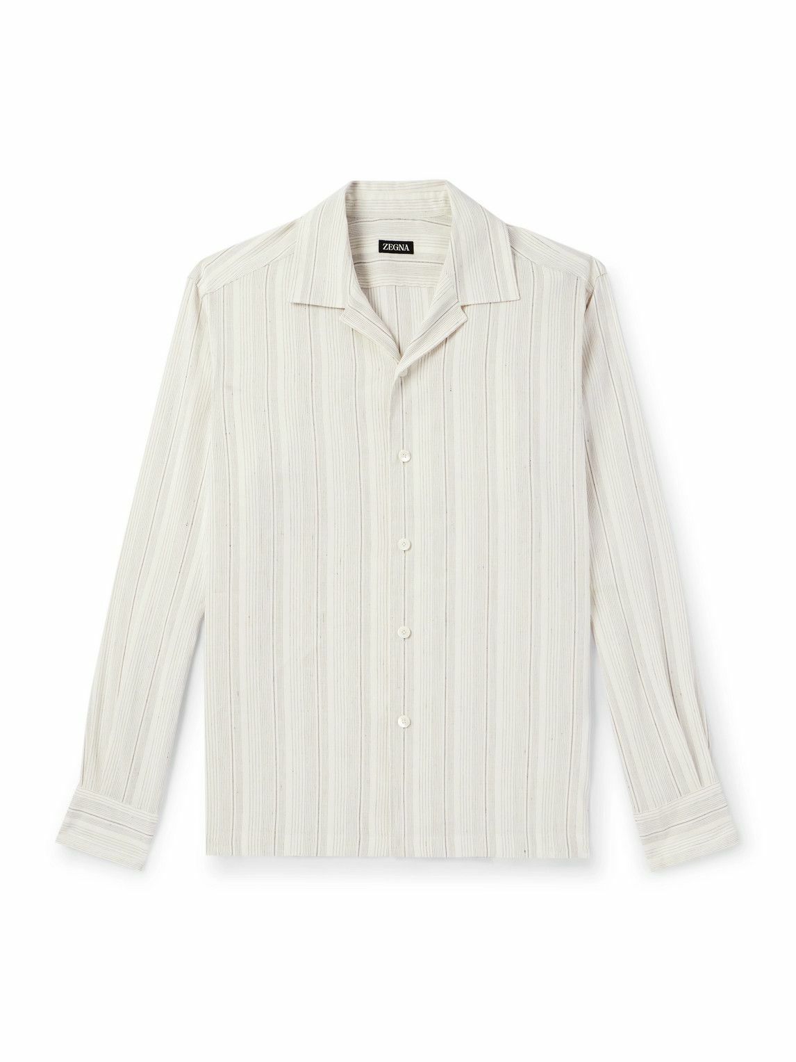 ZEGNA シャツ 定価 ¥80,300 Zegna - Camp-Collar Striped Linen and Silk-Blend Shirt - Neutrals