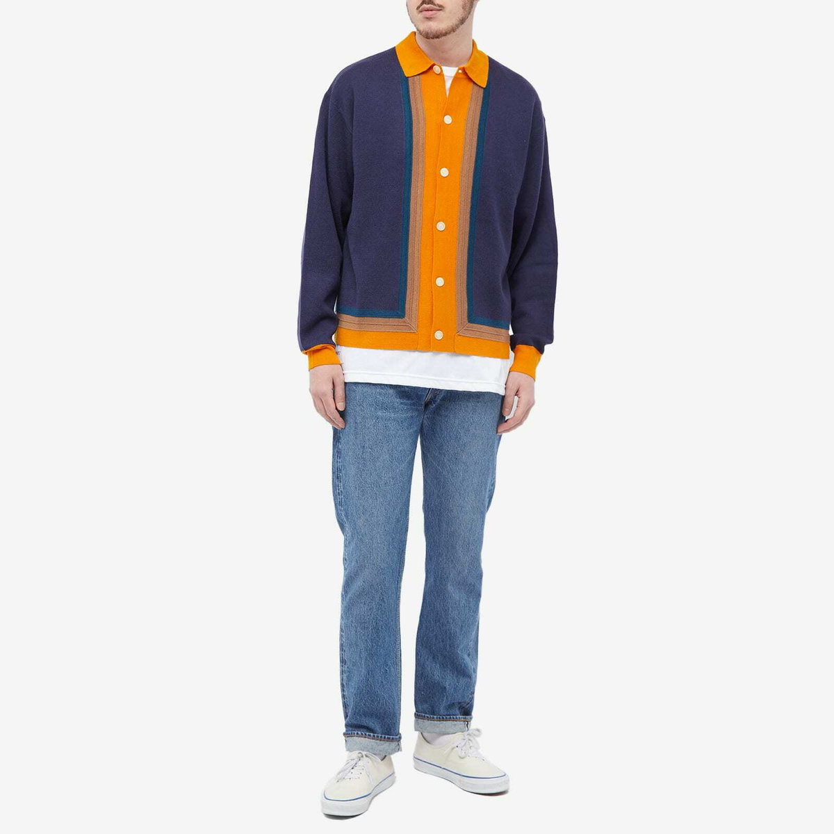 Flagstuff Men's Stripe Knit Polo Shirt in Navy