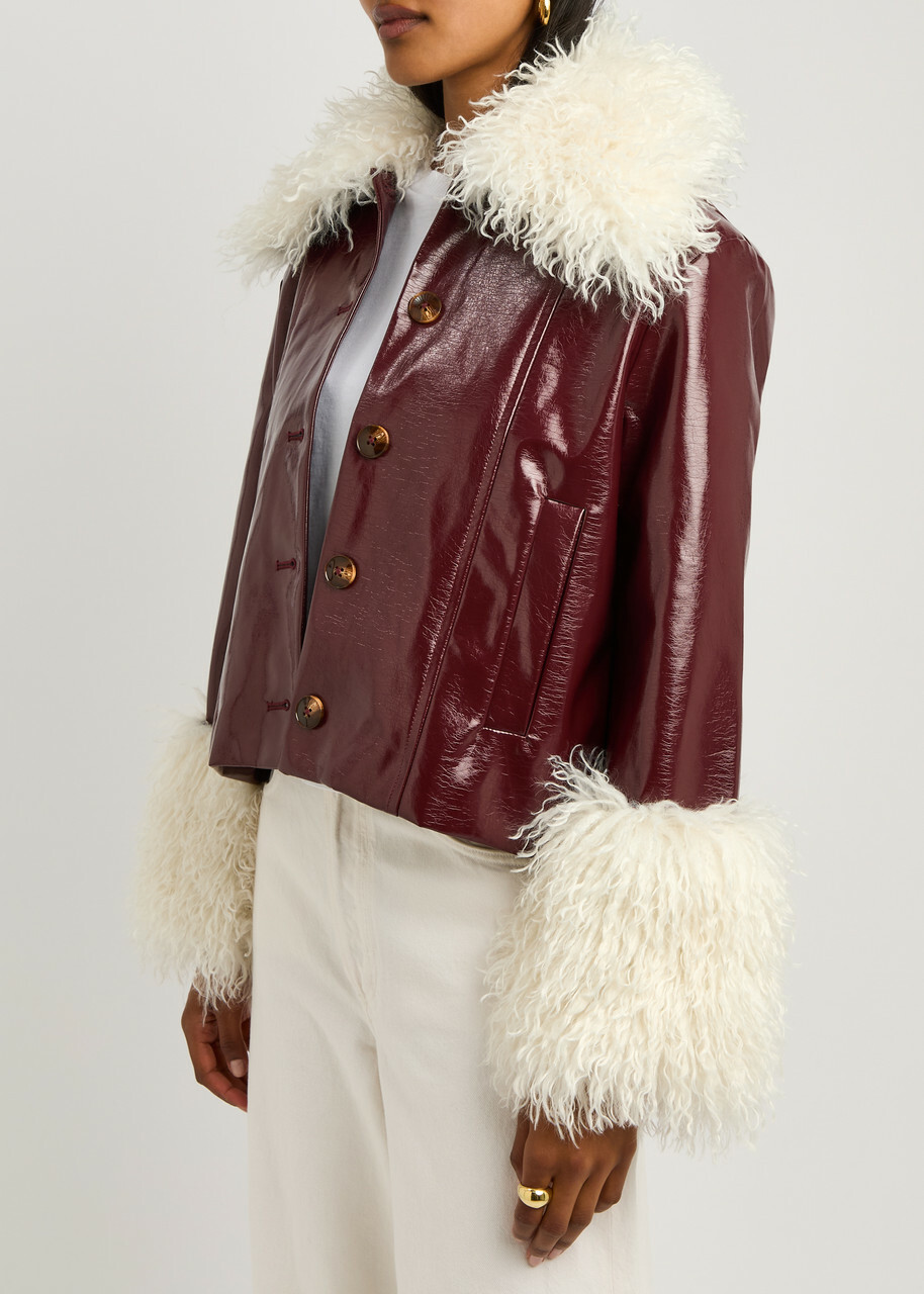 Kitri Bonnie Faux Shearling-trimmed Vinyl Jacket Burgundy