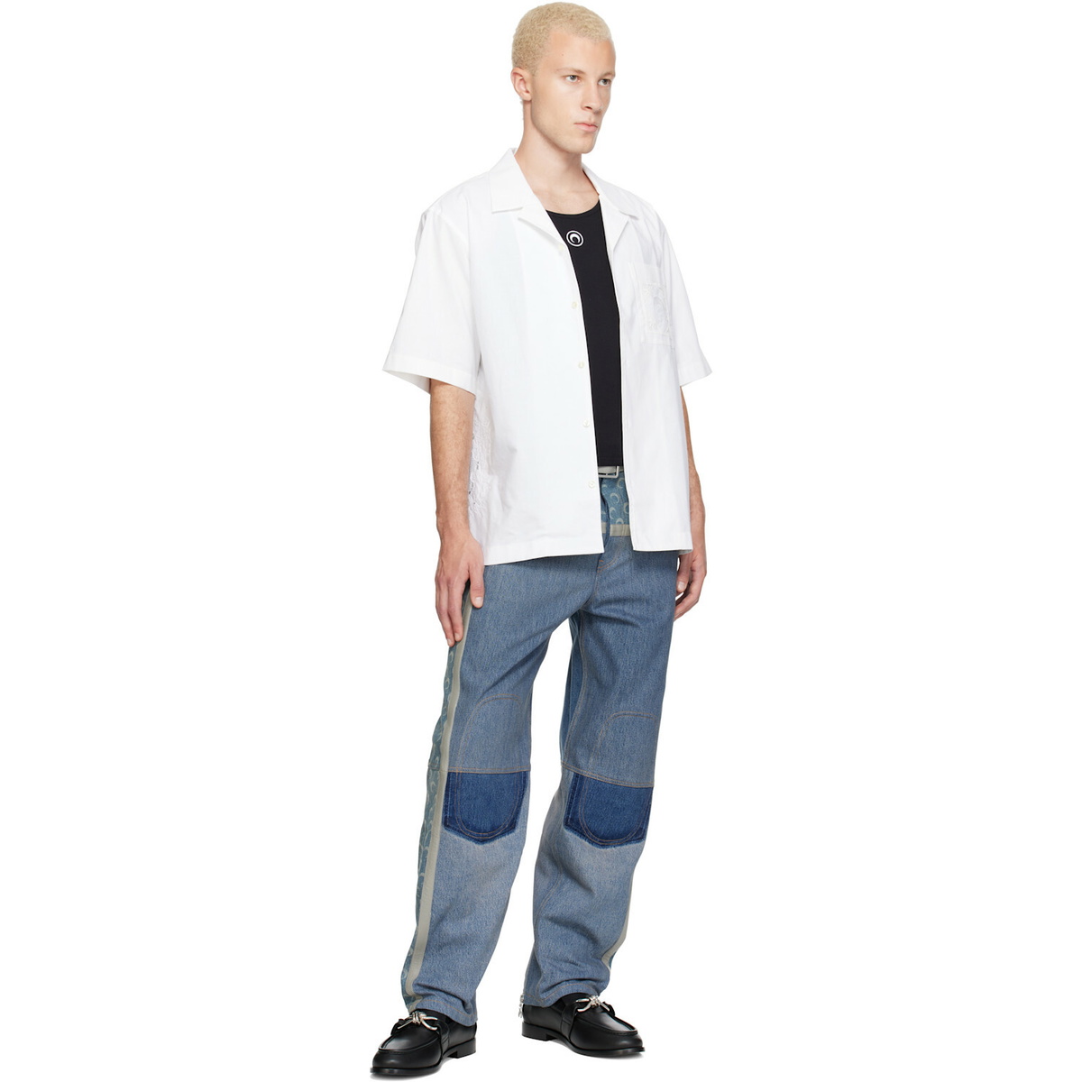 Marine Serre Blue Regenerated Denim Belted Baggy Jeans