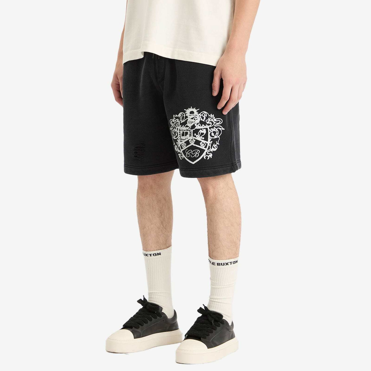 Cole Buxton Men's Distressed Collegiate Shorts in Vintage Black