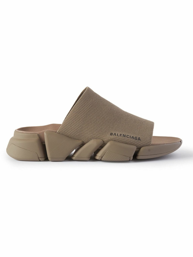 Photo: Balenciaga - Speed 2.0 Logo-Print Stretch-Knit Slides - Brown