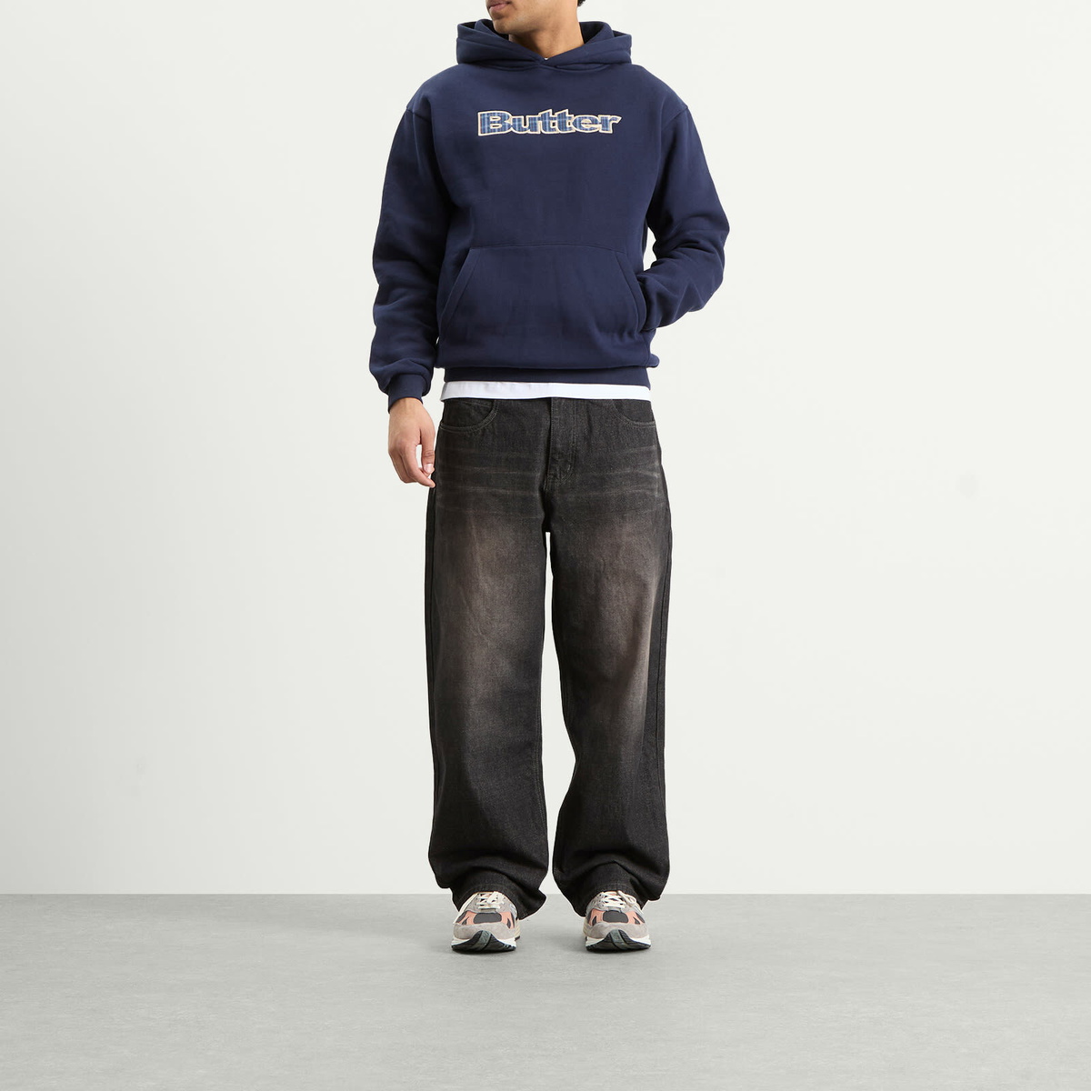 Butter Goods Men's Plaid Logo Applique Hoodie in Navy