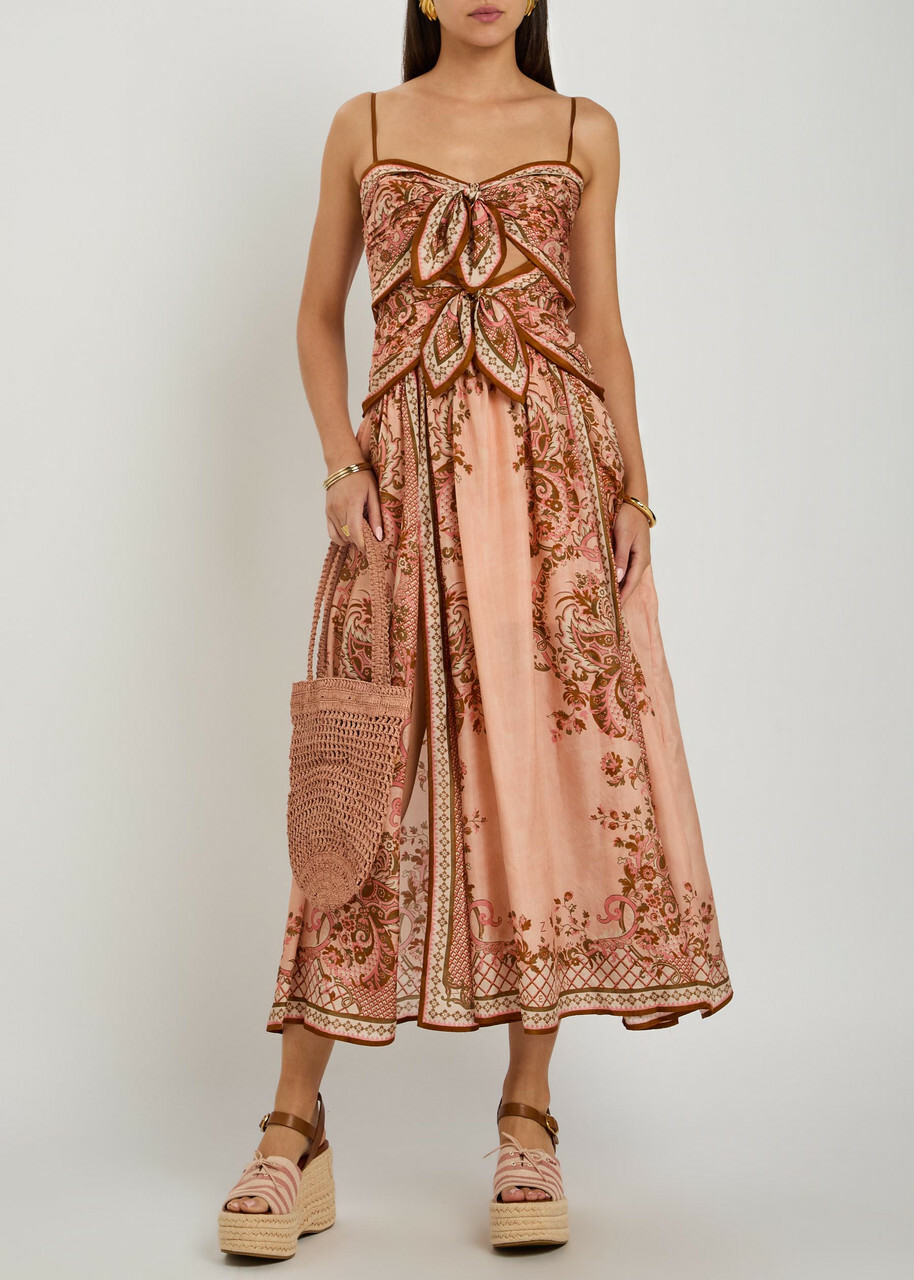 Zimmermann Aster Scarf Printed Cut-out Silk Midi Dress Pink